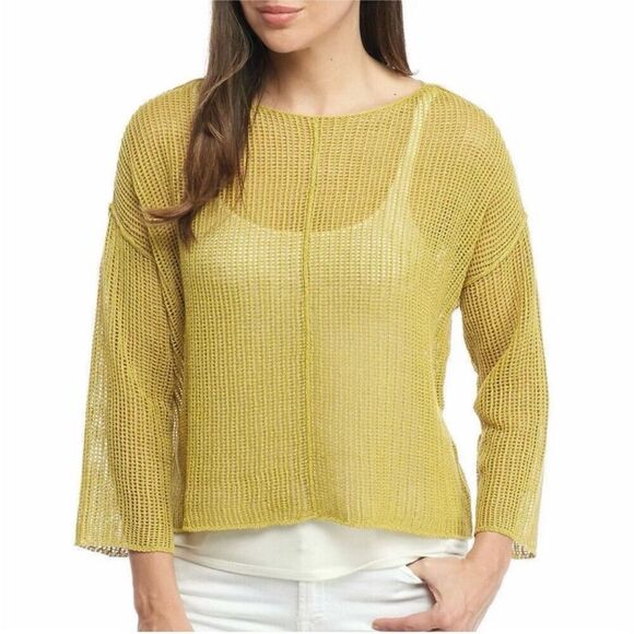 EILEEN FISHER Chartreuse Yellow-Green Open Knit Pullover Linen Sweater Sz Medium - Picture 1 of 5